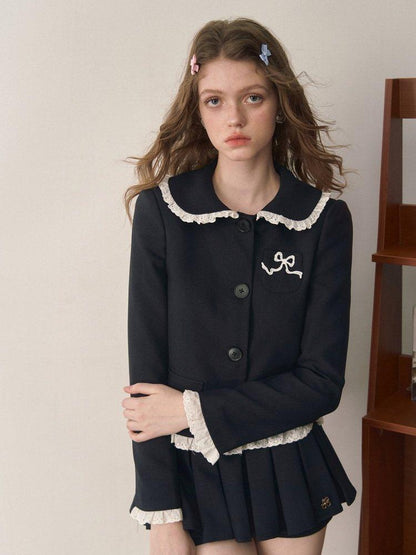 1P STUDIO Doll Collar Tweed Jacket Low Waist Pleated Skirt Women&