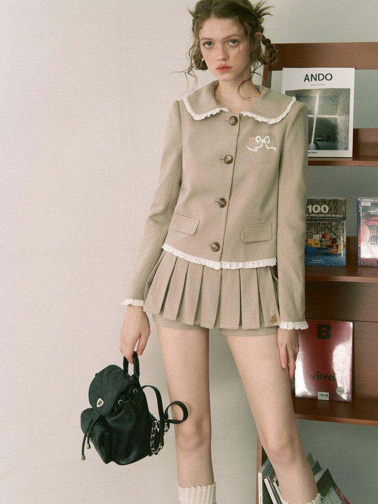 1P STUDIO Doll Collar Tweed Jacket Low Waist Pleated Skirt Women&