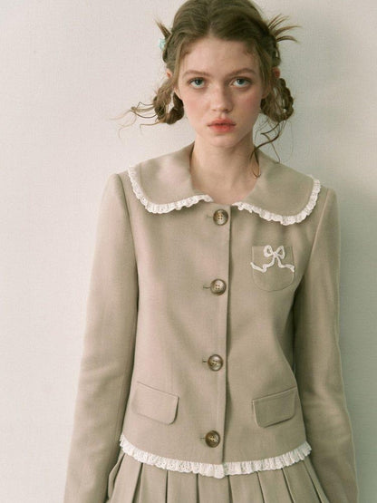 1P STUDIO Doll Collar Tweed Jacket Low Waist Pleated Skirt Women&