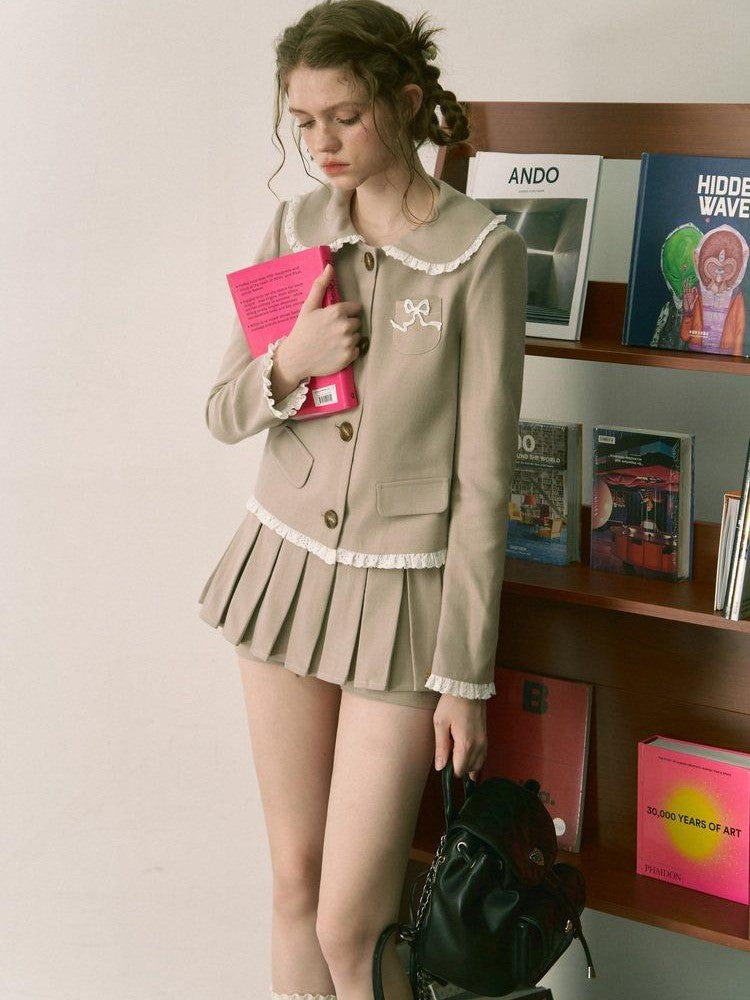1P STUDIO Doll Collar Tweed Jacket Low Waist Pleated Skirt Women&