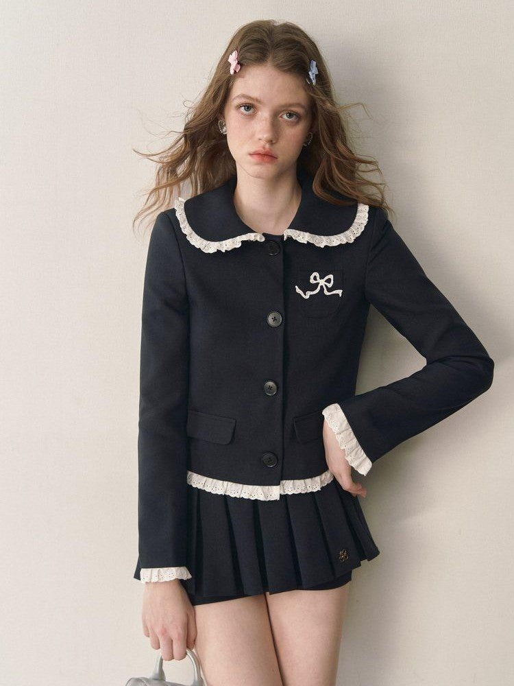 1P STUDIO Doll Collar Tweed Jacket Low Waist Pleated Skirt Women&