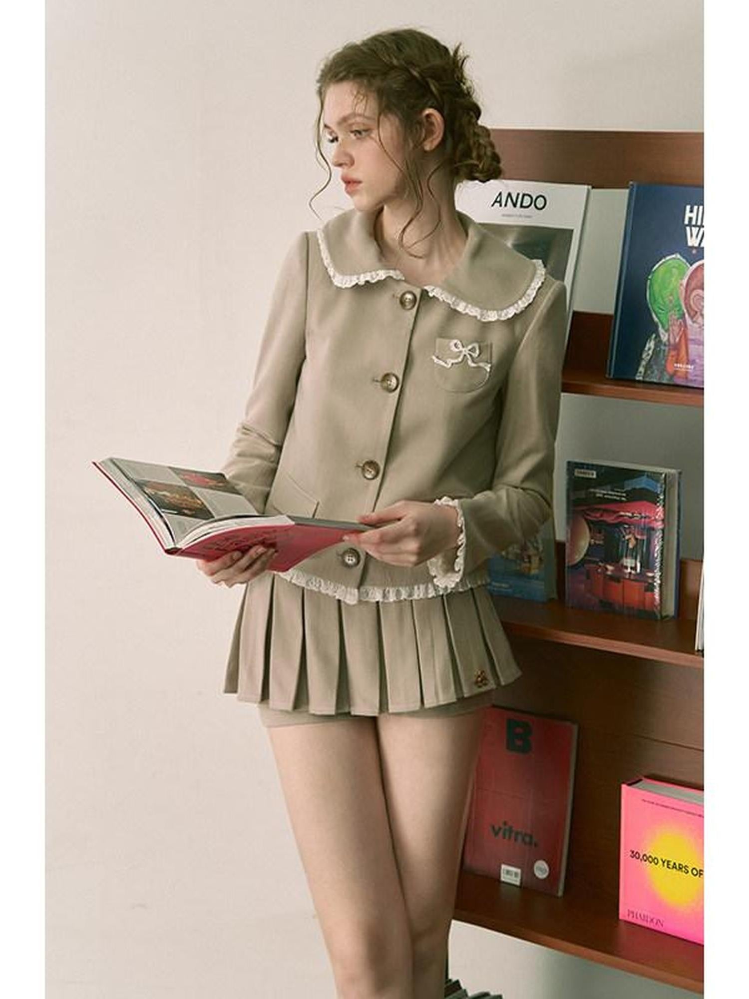 1P STUDIO Doll Collar Tweed Jacket Low Waist Pleated Skirt Women&
