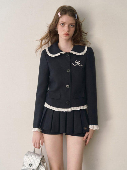 1P STUDIO Doll Collar Tweed Jacket Low Waist Pleated Skirt Women&