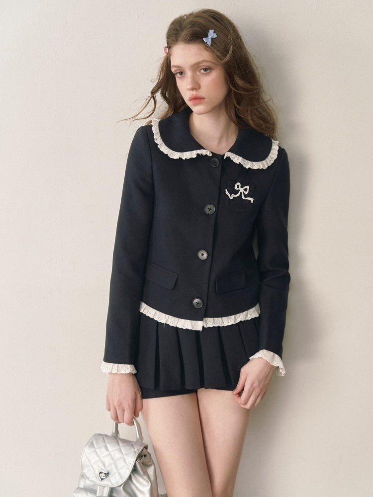1P STUDIO Doll Collar Tweed Jacket Low Waist Pleated Skirt Women&