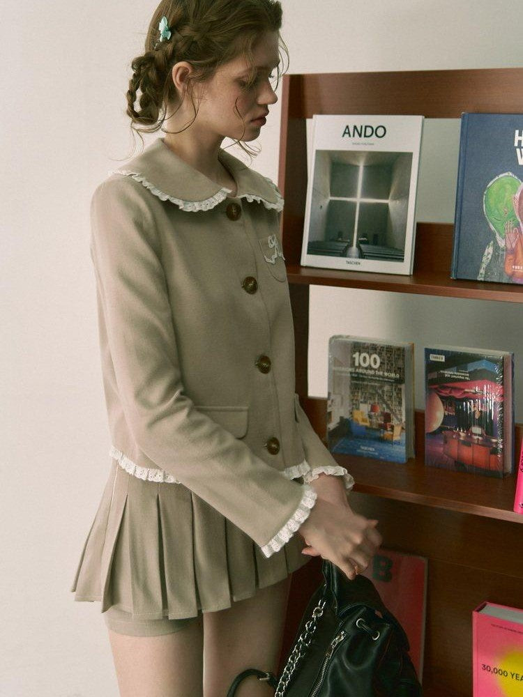1P STUDIO Doll Collar Tweed Jacket Low Waist Pleated Skirt Women&