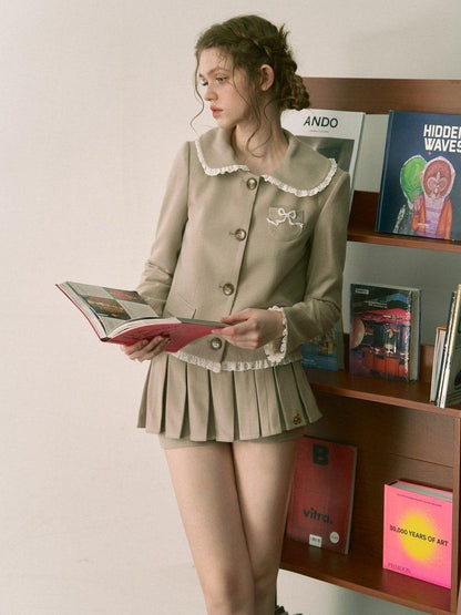 1P STUDIO Doll Collar Tweed Jacket Low Waist Pleated Skirt Women&