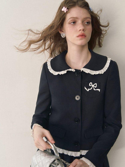 1P STUDIO Doll Collar Tweed Jacket Low Waist Pleated Skirt Women&