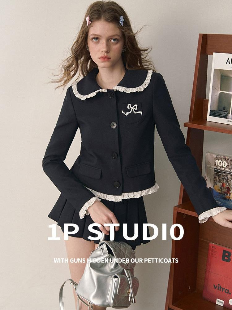 1P STUDIO Doll Collar Tweed Jacket Low Waist Pleated Skirt Women&