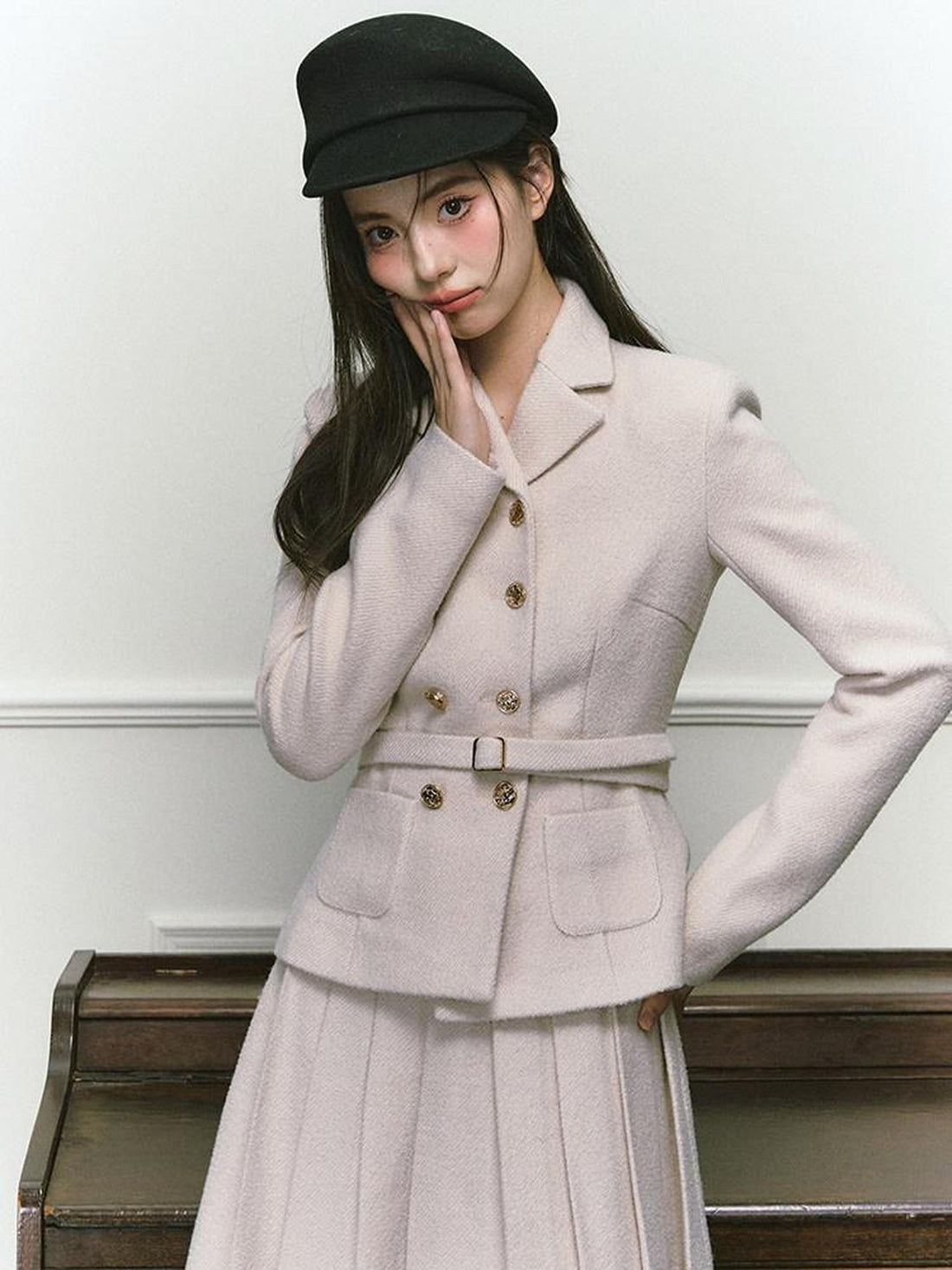 1P STUDIO Elegant Twill Boucle Pleated Women&