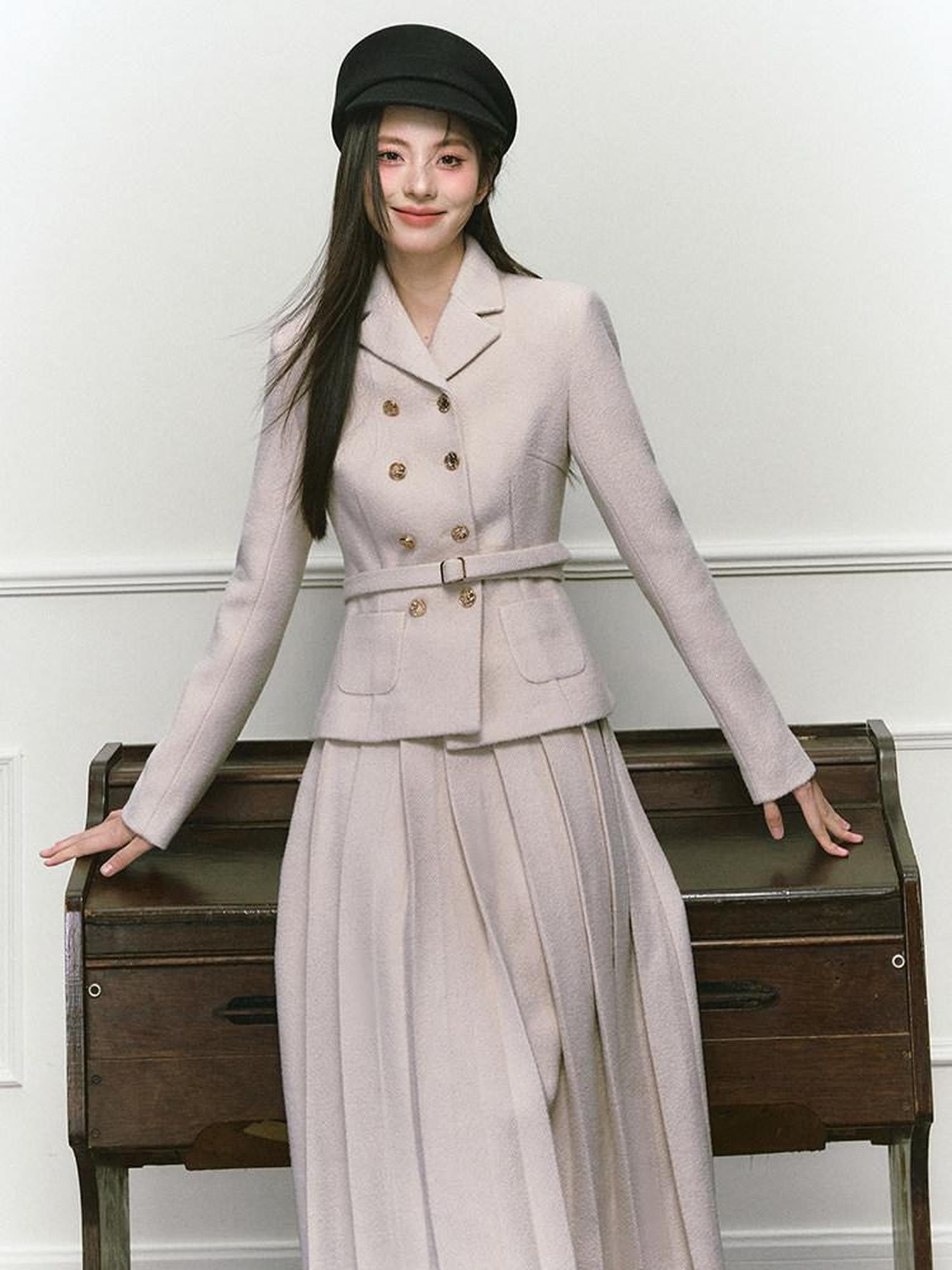 1P STUDIO Elegant Twill Boucle Pleated Women&