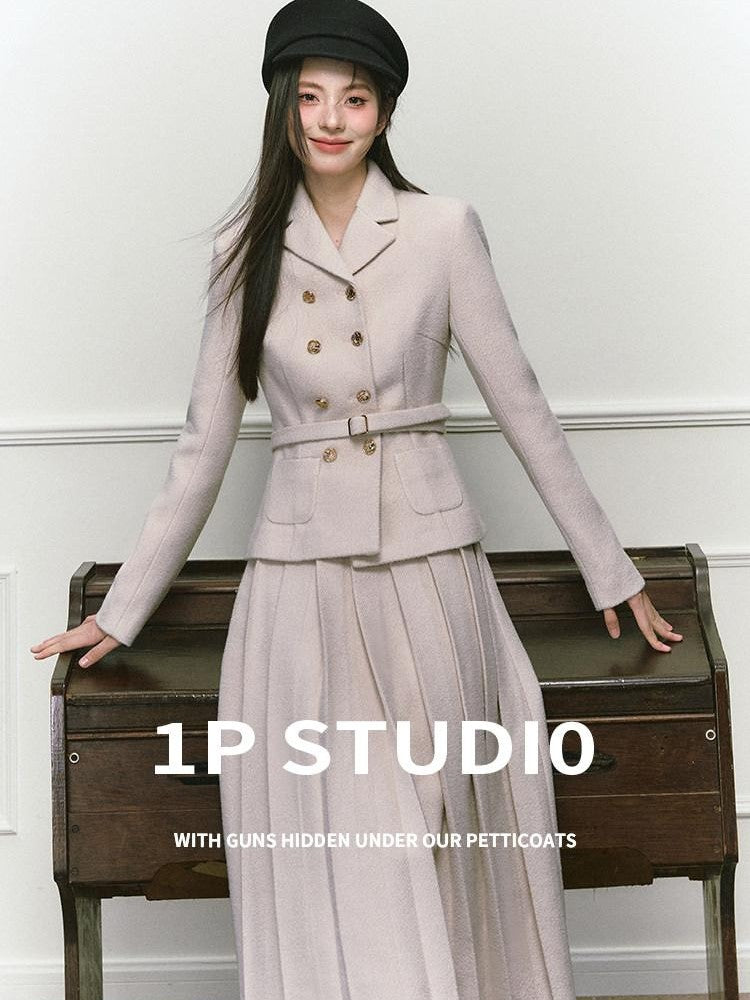 1P STUDIO Elegant Twill Boucle Pleated Women&