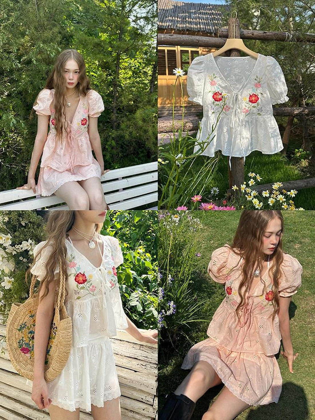 1P STUDIO Embroidered Floral V-neck Lace Shirt Women&