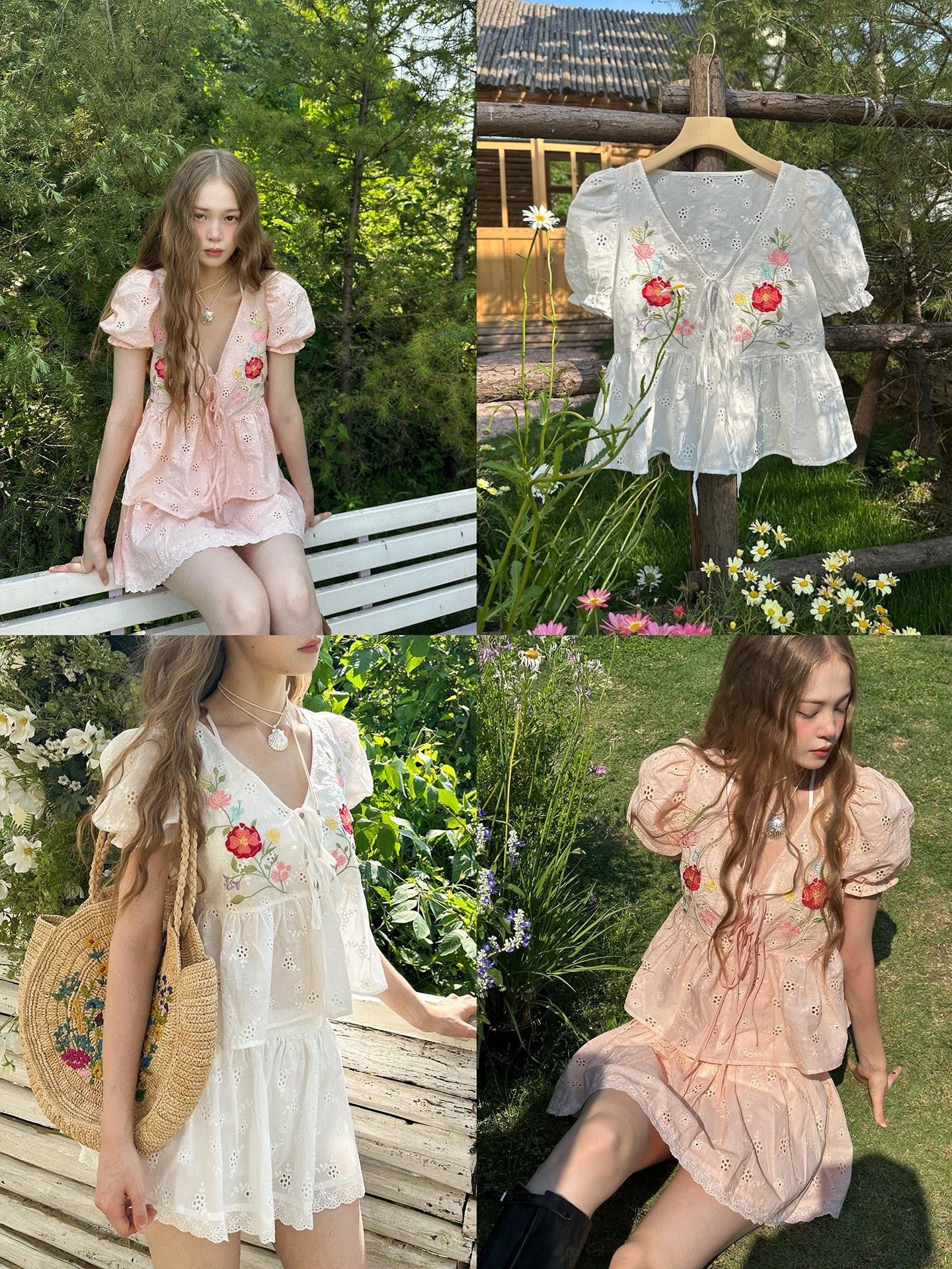 1P STUDIO Embroidered Floral V-neck Lace Shirt Women&