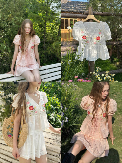 1P STUDIO Embroidered Floral V-neck Lace Shirt Women&
