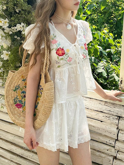 1P STUDIO Embroidered Floral V-neck Lace Shirt Women&