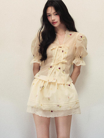 1P STUDIO Embroidered Floral V-neck Puff Sleeve Women&