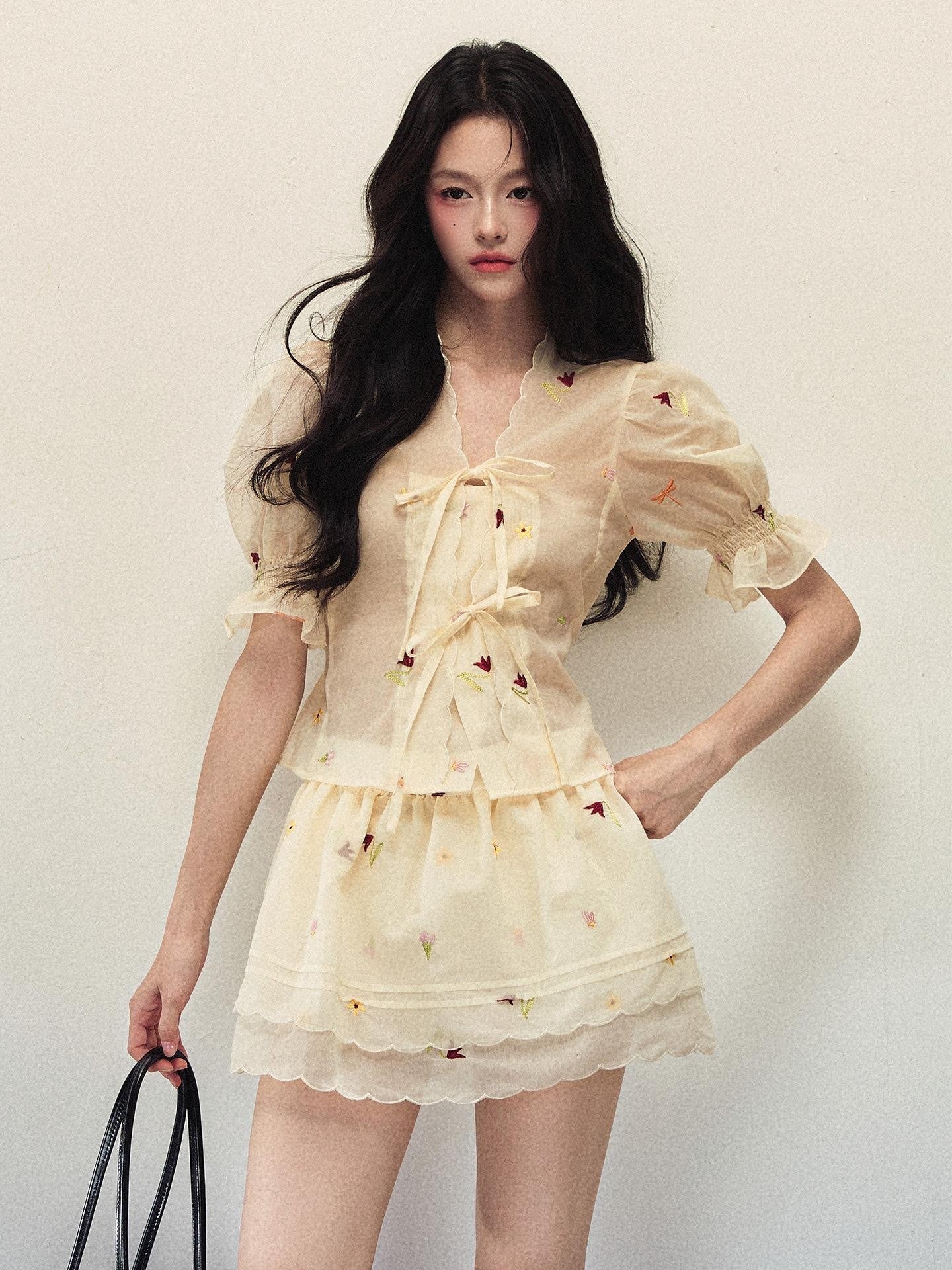 1P STUDIO Embroidered Floral V-neck Puff Sleeve Women&