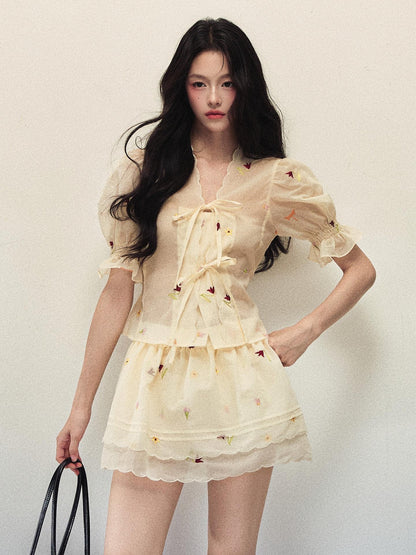 1P STUDIO Embroidered Floral V-neck Puff Sleeve Women&