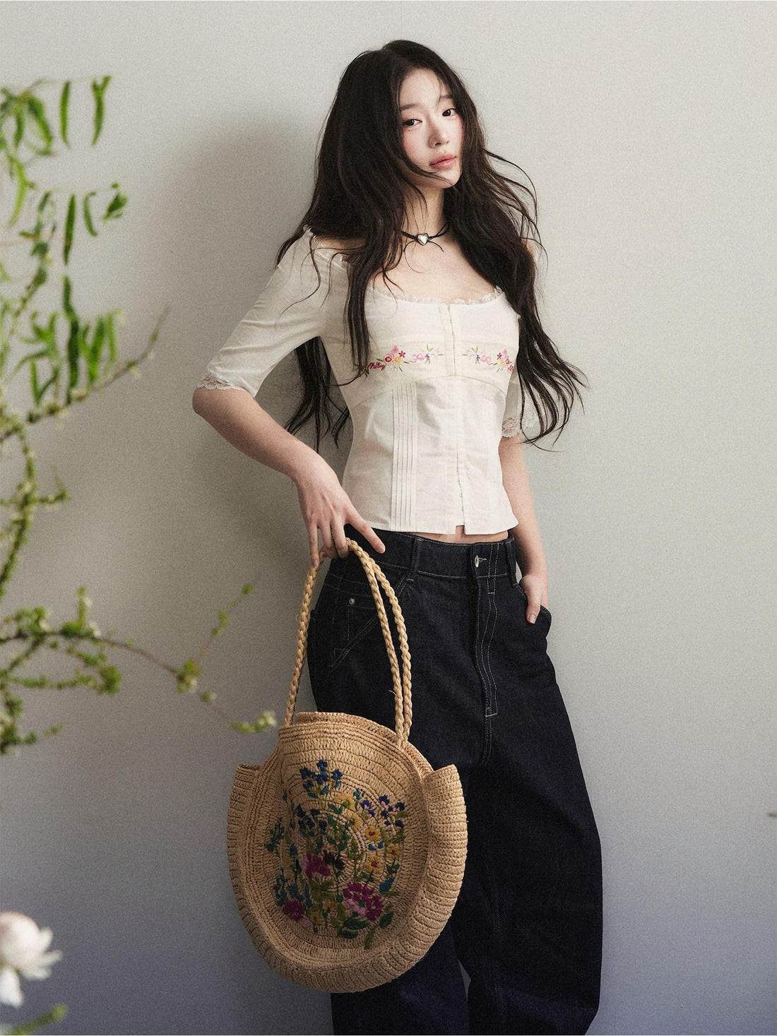 1P STUDIO Embroidered Front Square Neck Lace Trim Cropped Slim Waist Women&