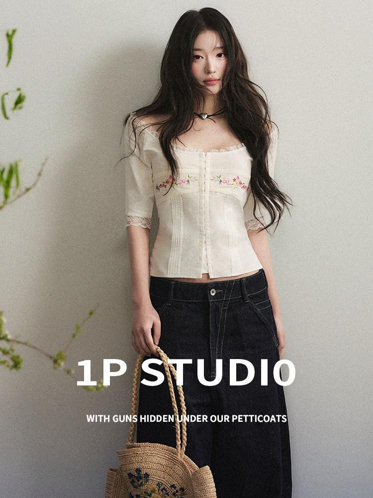 1P STUDIO Embroidered Front Square Neck Lace Trim Cropped Slim Waist Women&