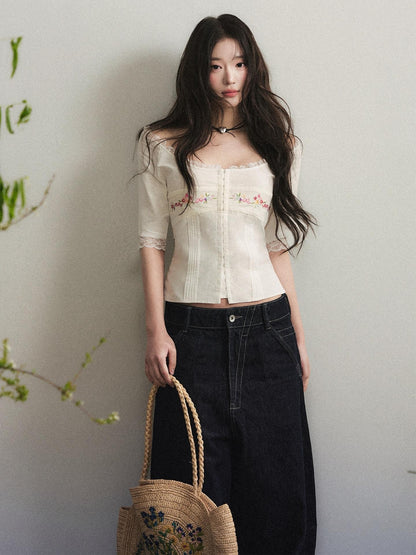 1P STUDIO Embroidered Front Square Neck Lace Trim Cropped Slim Waist Women&