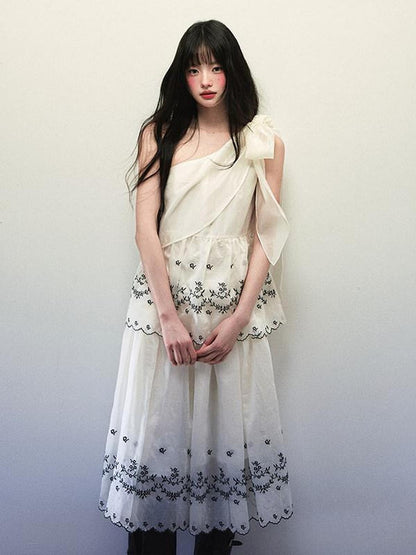 1P STUDIO Embroidered One Shoulder Tie Gathered Skirt Women&