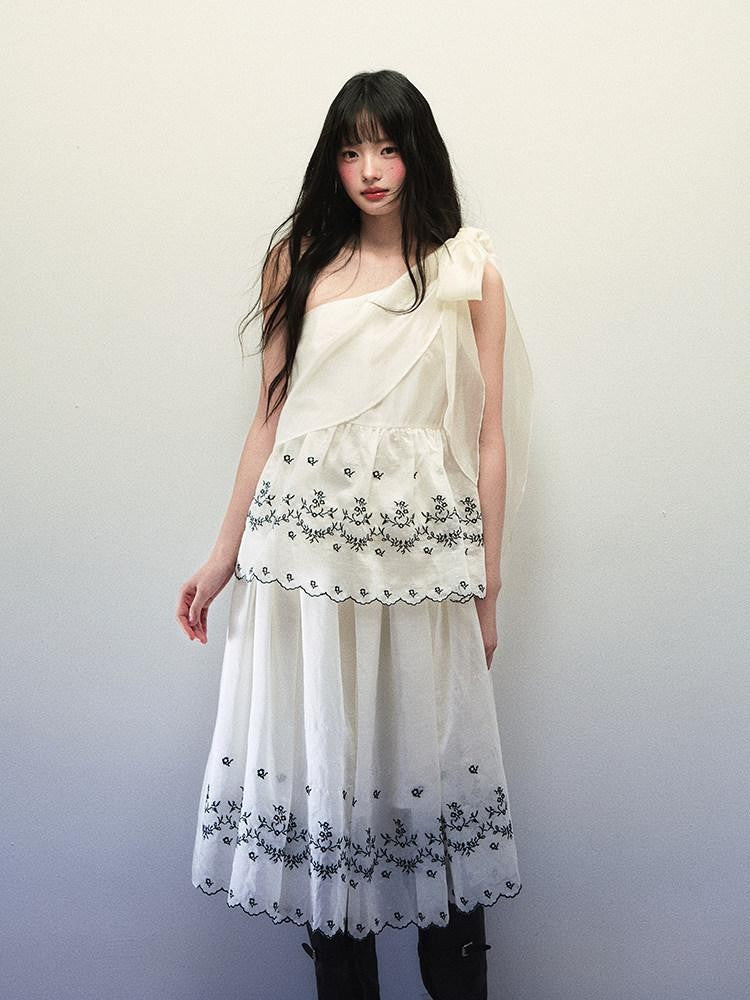 1P STUDIO Embroidered One Shoulder Tie Gathered Skirt Women&