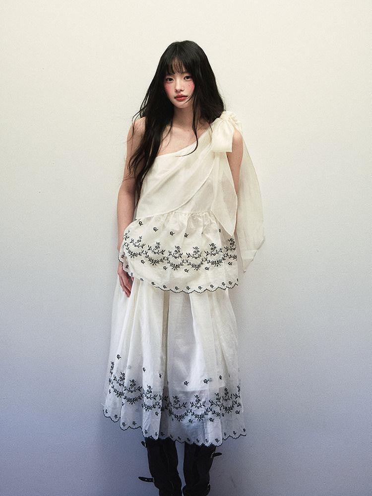 1P STUDIO Embroidered One Shoulder Tie Gathered Skirt Women&