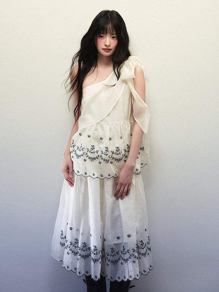 1P STUDIO Embroidered One Shoulder Tie Gathered Skirt Women&
