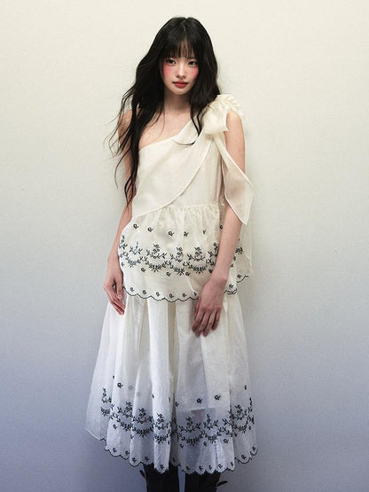 1P STUDIO Embroidered One Shoulder Tie Gathered Skirt Women&