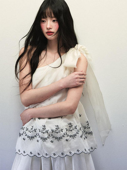 1P STUDIO Embroidered One Shoulder Tie Gathered Skirt Women&