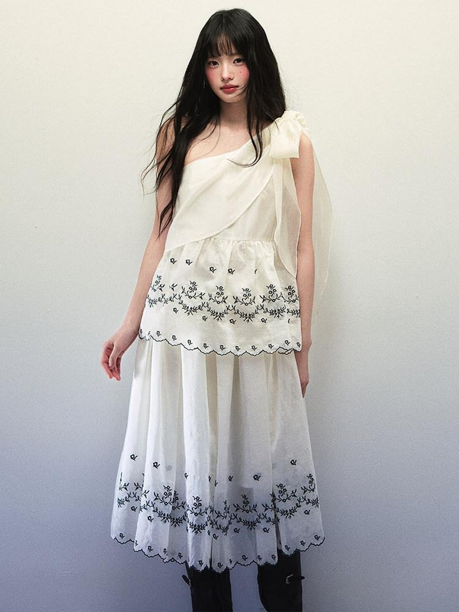 1P STUDIO Embroidered One Shoulder Tie Gathered Skirt Women&