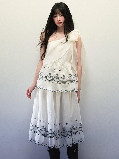 1P STUDIO Embroidered One Shoulder Tie Gathered Skirt Women&