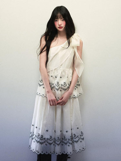 1P STUDIO Embroidered One Shoulder Tie Gathered Skirt Women&