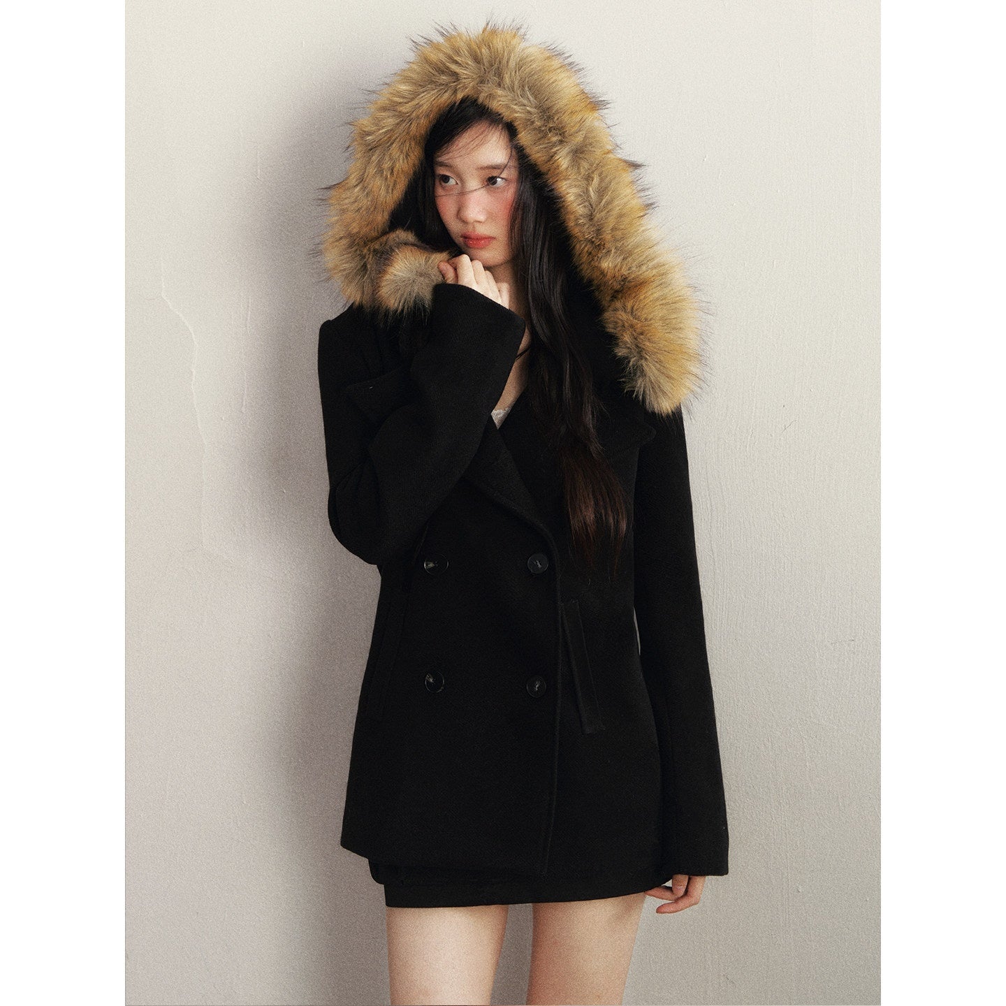 1P_STUDIO_Faux_Fur_Collar_Double_Breasted_Hooded_Slim_Women&