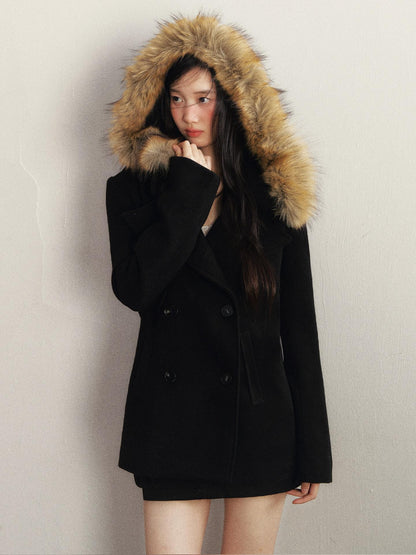 1P STUDIO Faux Fur Collar Double Breasted Hooded Slim Women&