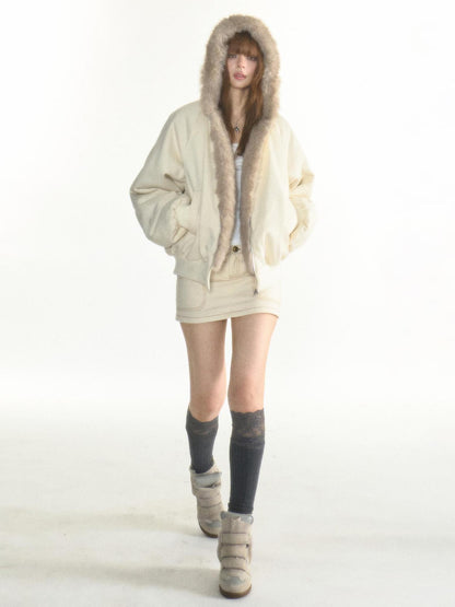 1P STUDIO Faux Fur Trim Hooded Thick Short Women&