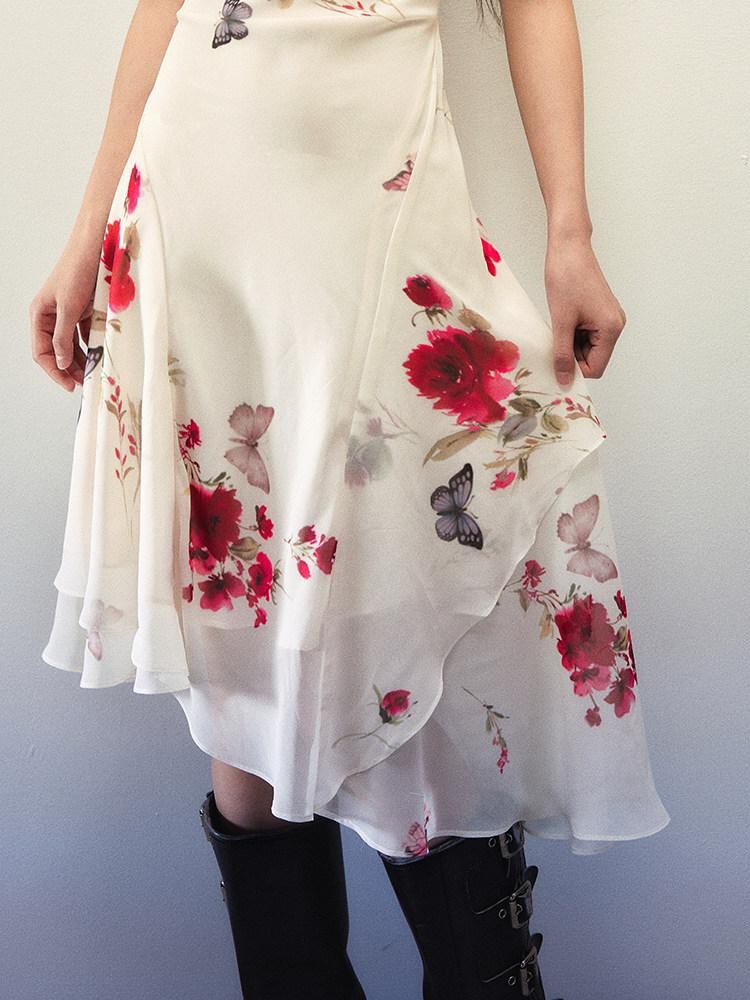 1P STUDIO Floral Butterfly Print Cowl Neck Asymmetric Hem Women&