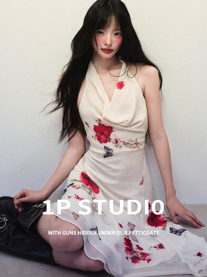 1P STUDIO Floral Butterfly Print Cowl Neck Asymmetric Hem Women&
