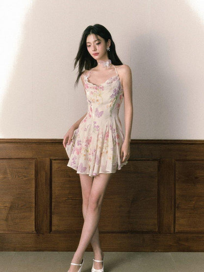 1P STUDIO Floral Butterfly Print Pleated A Line Cinched Waist Women&