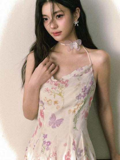 1P STUDIO Floral Butterfly Print Pleated A Line Cinched Waist Women&