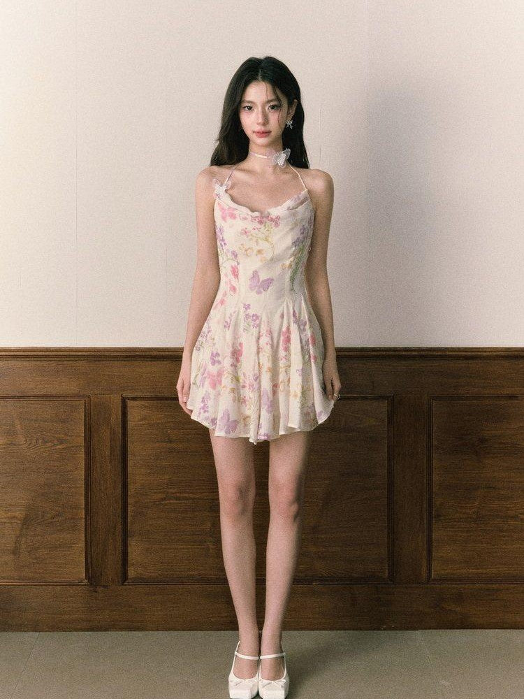 1P STUDIO Floral Butterfly Print Pleated A Line Cinched Waist Women&
