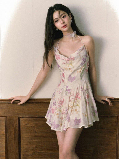 1P STUDIO Floral Butterfly Print Pleated A Line Cinched Waist Women&