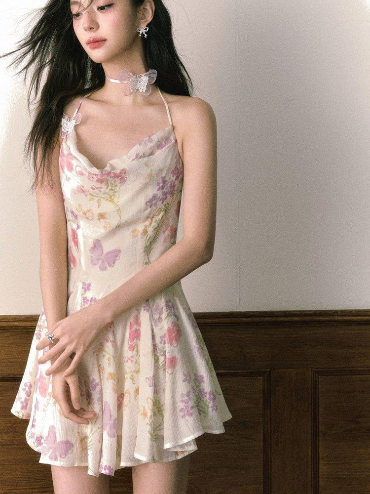 1P STUDIO Floral Butterfly Print Pleated A Line Cinched Waist Women&