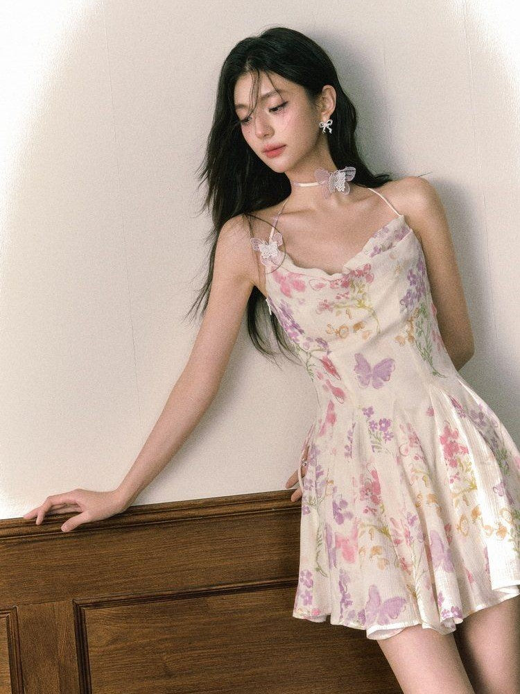 1P STUDIO Floral Butterfly Print Pleated A Line Cinched Waist Women&
