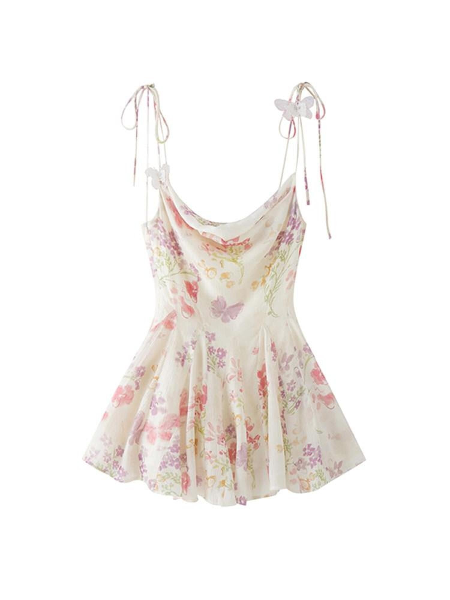 1P STUDIO Floral Butterfly Print Pleated A Line Cinched Waist Women&