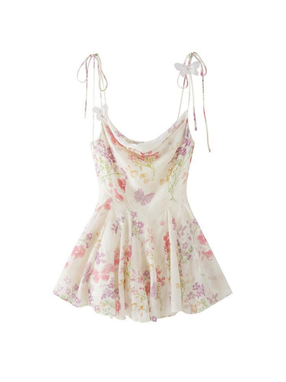 1P STUDIO Floral Butterfly Print Pleated A Line Cinched Waist Women&