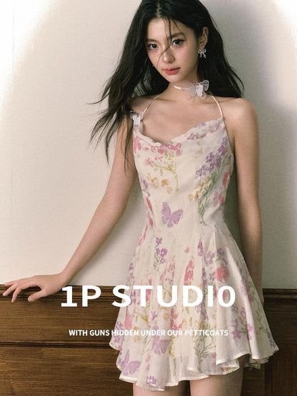 1P STUDIO Floral Butterfly Print Pleated A Line Cinched Waist Women&