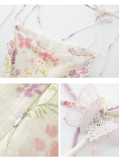 1P STUDIO Floral Butterfly Print Pleated A Line Cinched Waist Women&