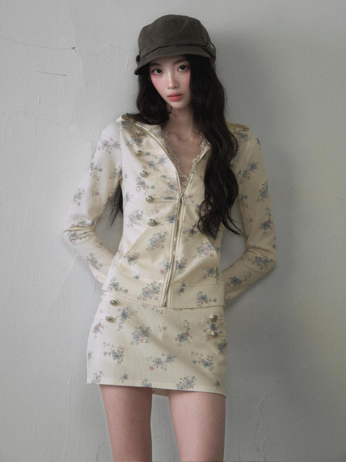 1P STUDIO Floral Colorblock Stand Collar Puff Sleeve Short Jacket Women&